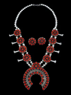 Native American Coral Squash Blossom Necklace and Earrings Set