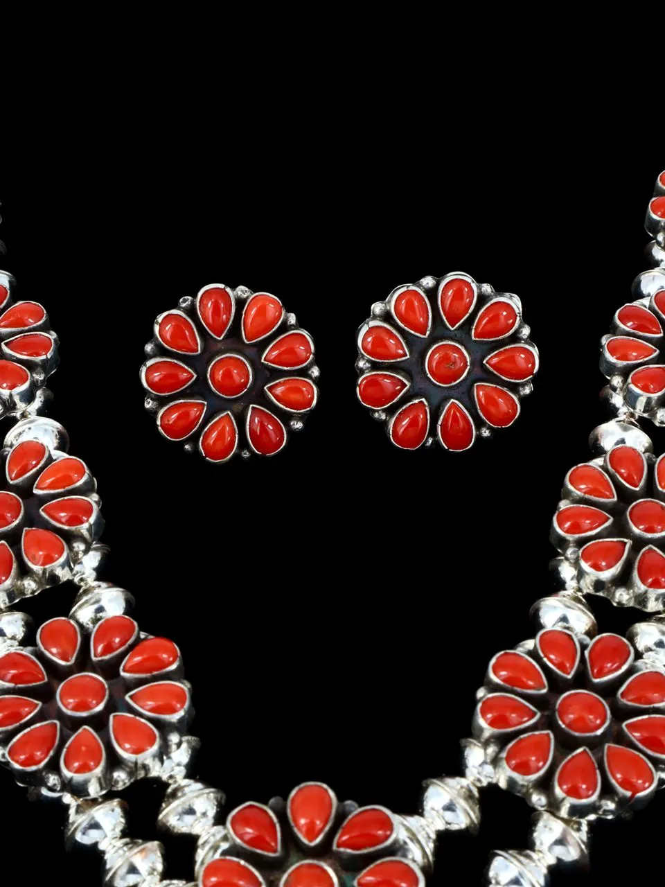 Native American Coral Squash Blossom Necklace and Earrings Set