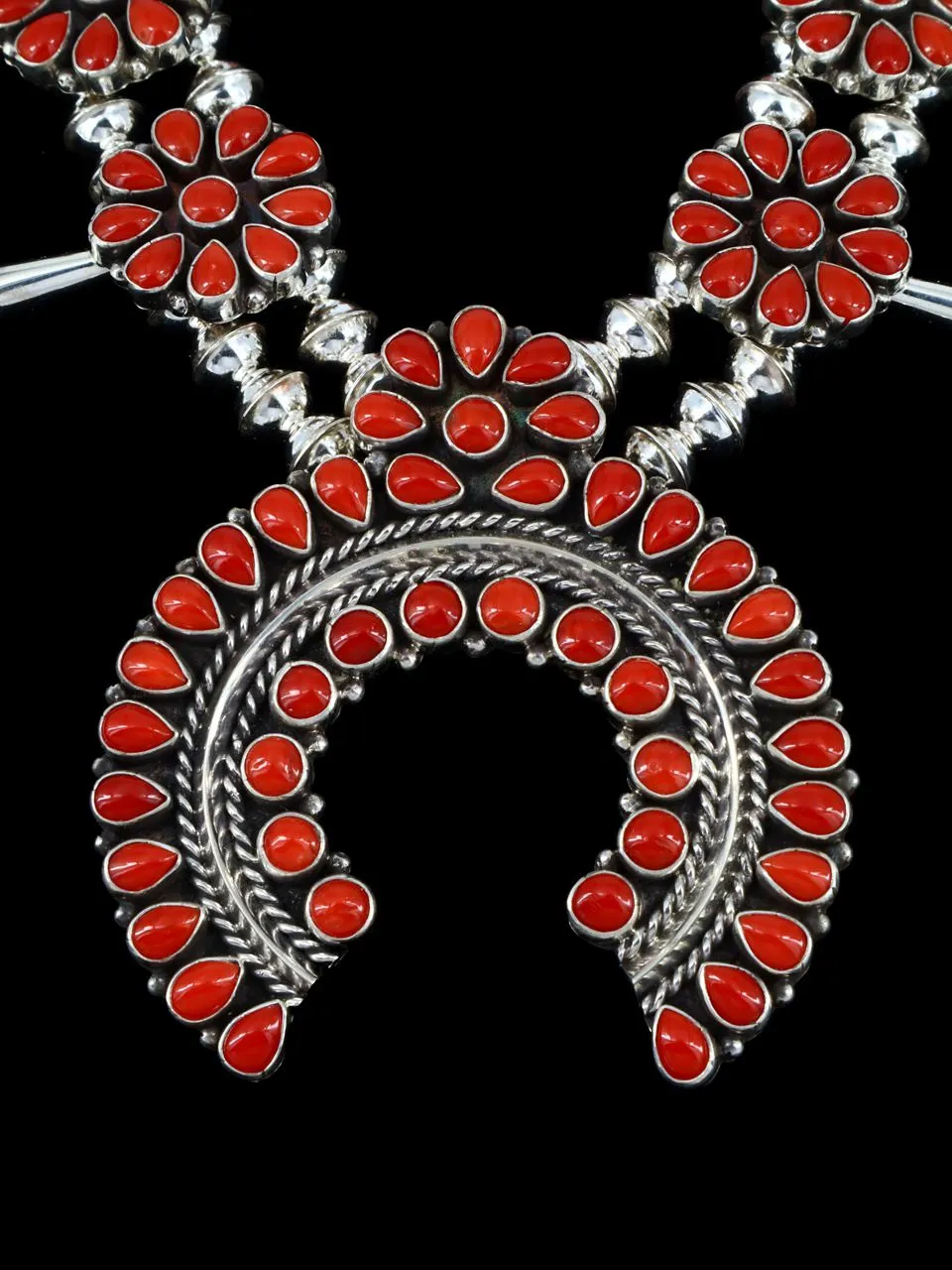 Native American Coral Squash Blossom Necklace and Earrings Set