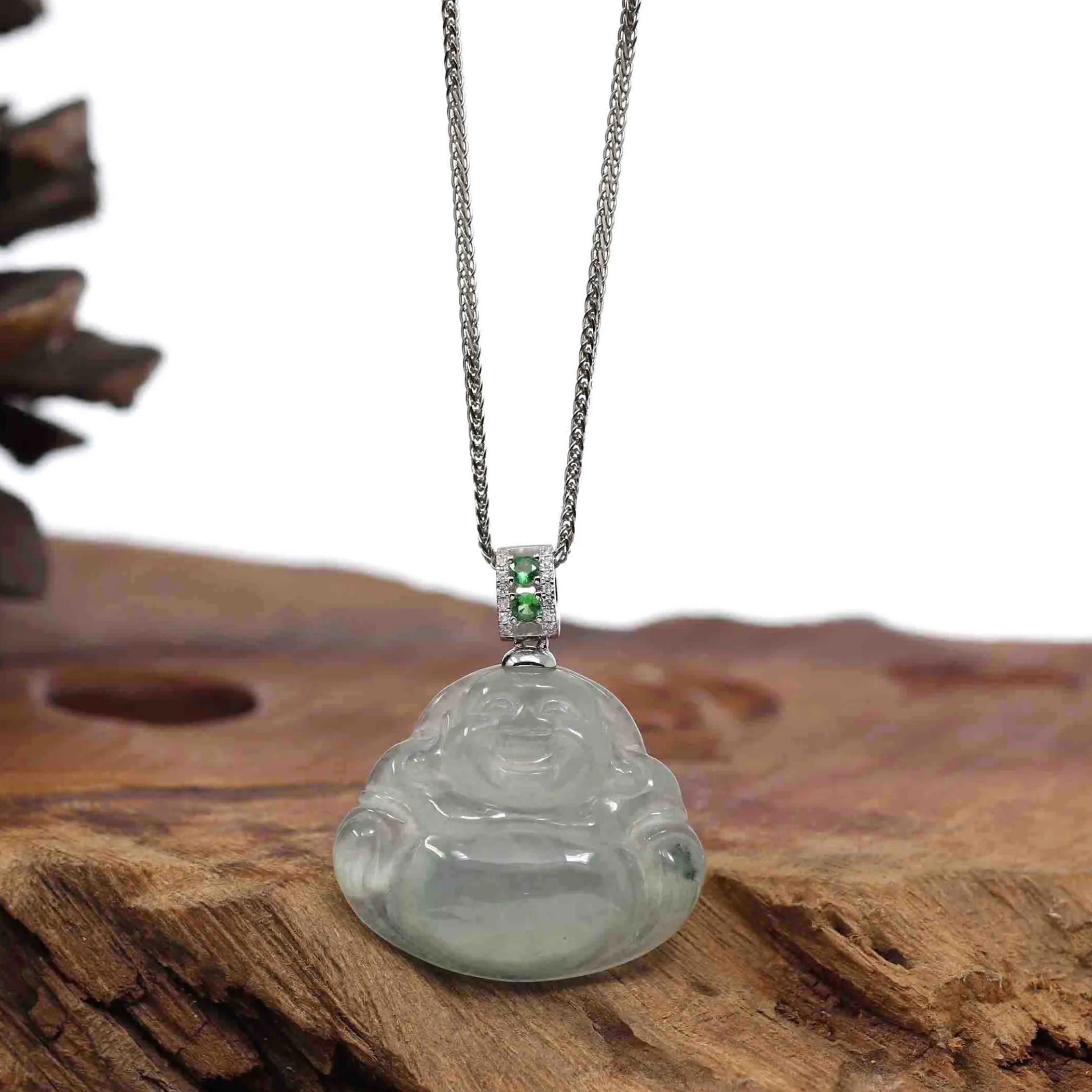 Natural Burmese Jadeite Jade Happy Buddha With 14k White Gold AA Emerald Bail