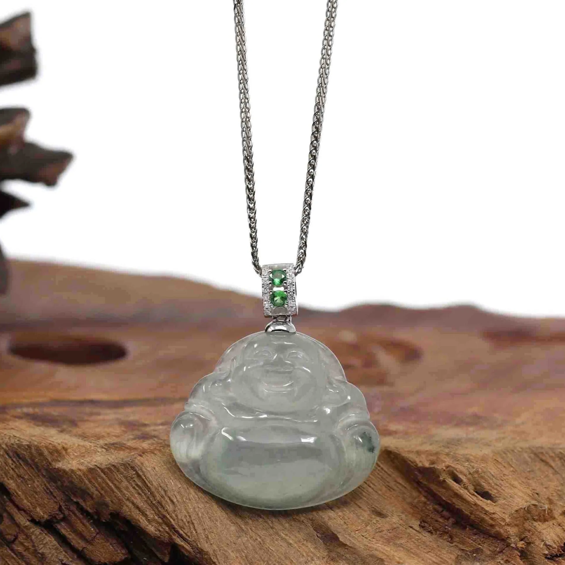 Natural Burmese Jadeite Jade Happy Buddha With 14k White Gold AA Emerald Bail