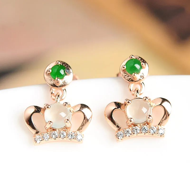 Natural Jade Earrings Jadeite Silver Crown Earrings WE20