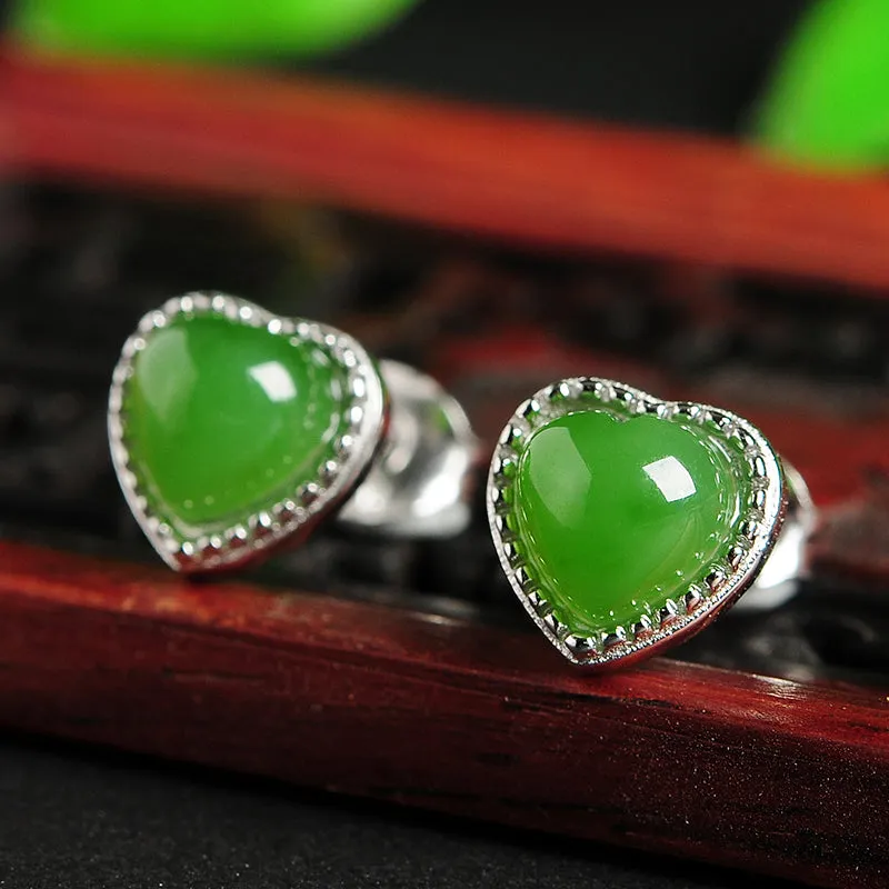 Natural Jade Earrings Nephrite Silver Heart-shaped Earrings WE3