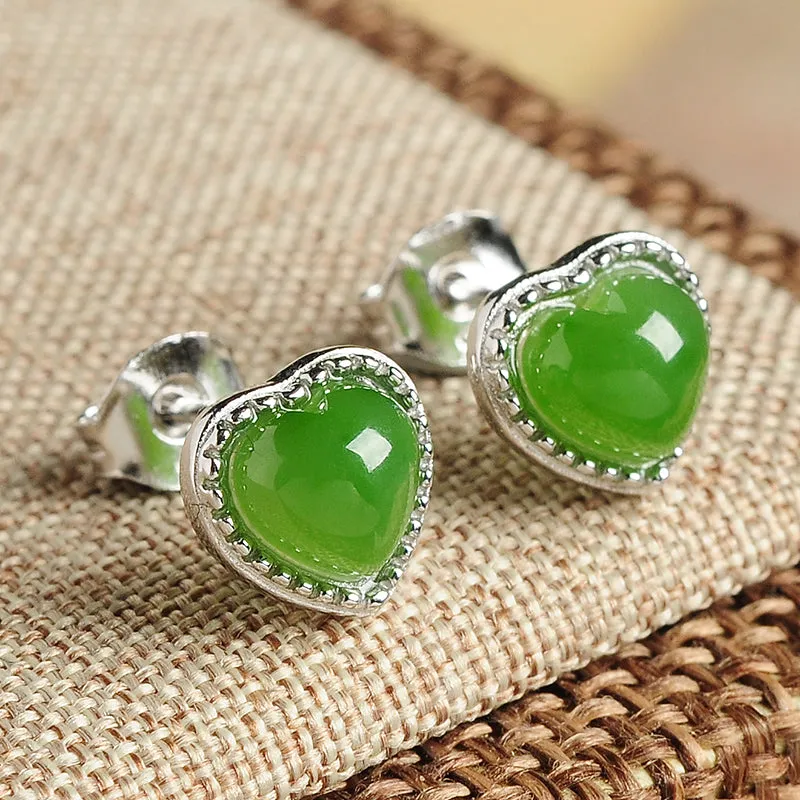 Natural Jade Earrings Nephrite Silver Heart-shaped Earrings WE3