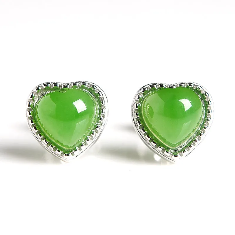 Natural Jade Earrings Nephrite Silver Heart-shaped Earrings WE3