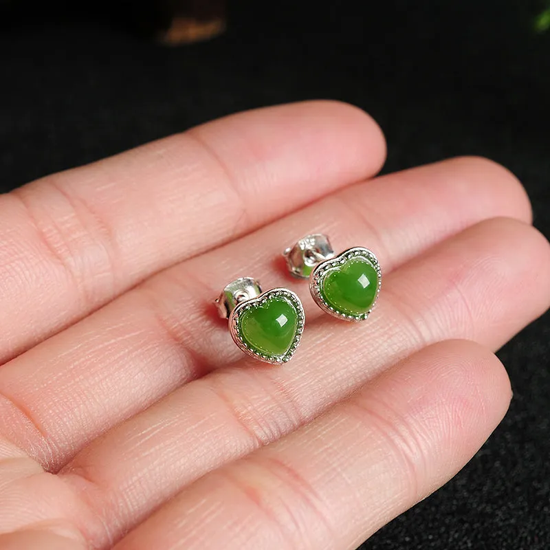 Natural Jade Earrings Nephrite Silver Heart-shaped Earrings WE3