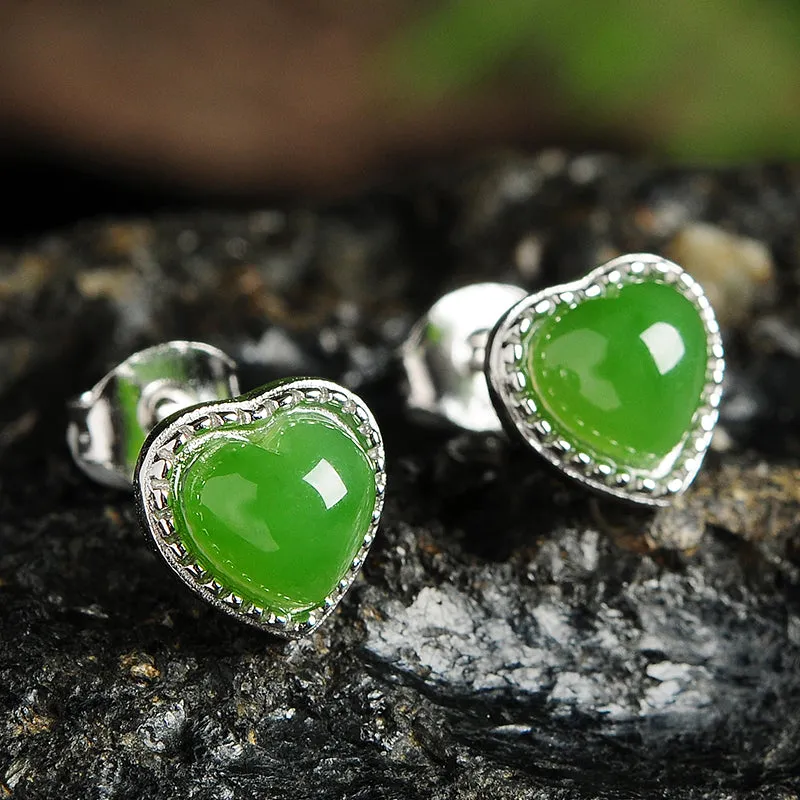 Natural Jade Earrings Nephrite Silver Heart-shaped Earrings WE3