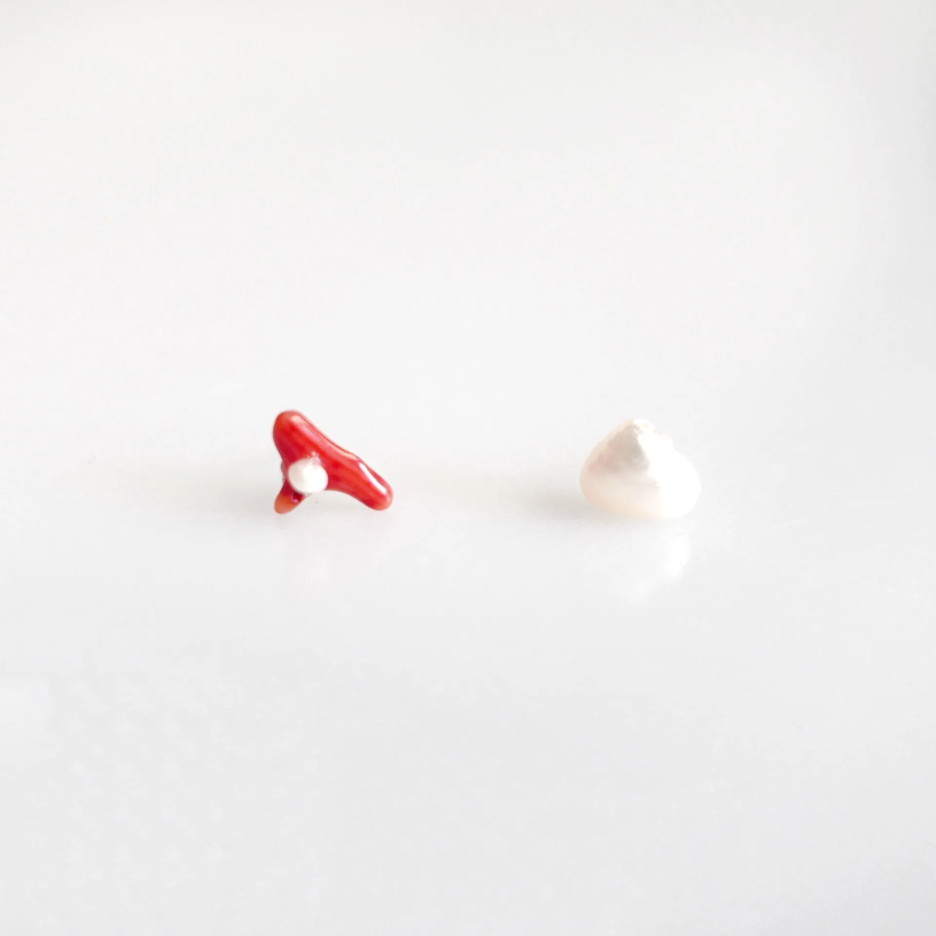 Natural Red Coral and Pearl Asymmetrical Studs