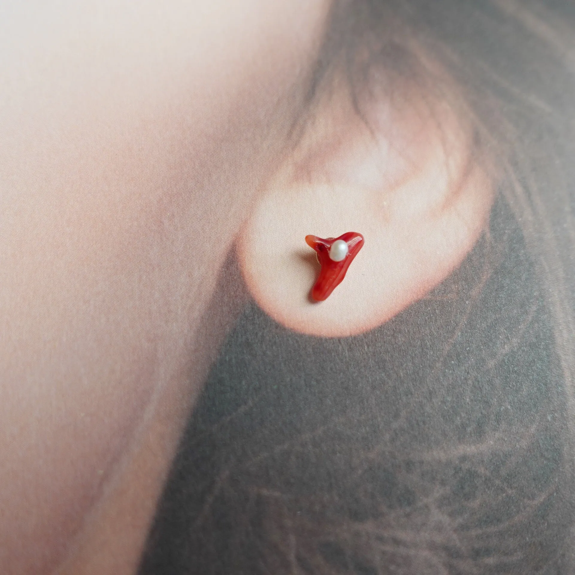 Natural Red Coral and Pearl Asymmetrical Studs