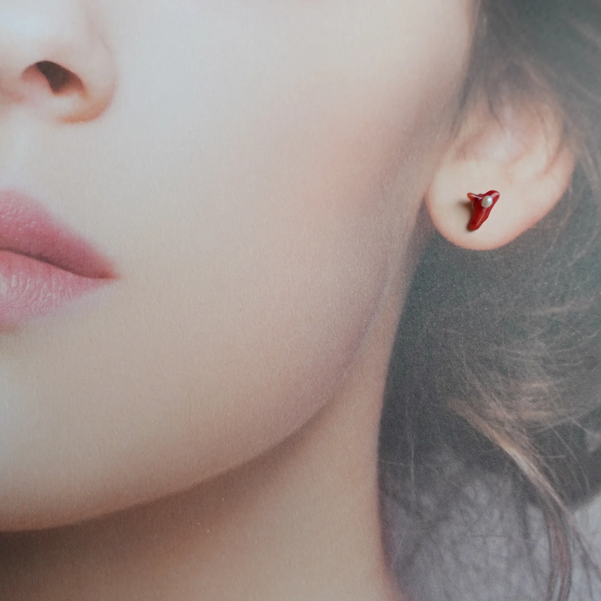 Natural Red Coral and Pearl Asymmetrical Studs