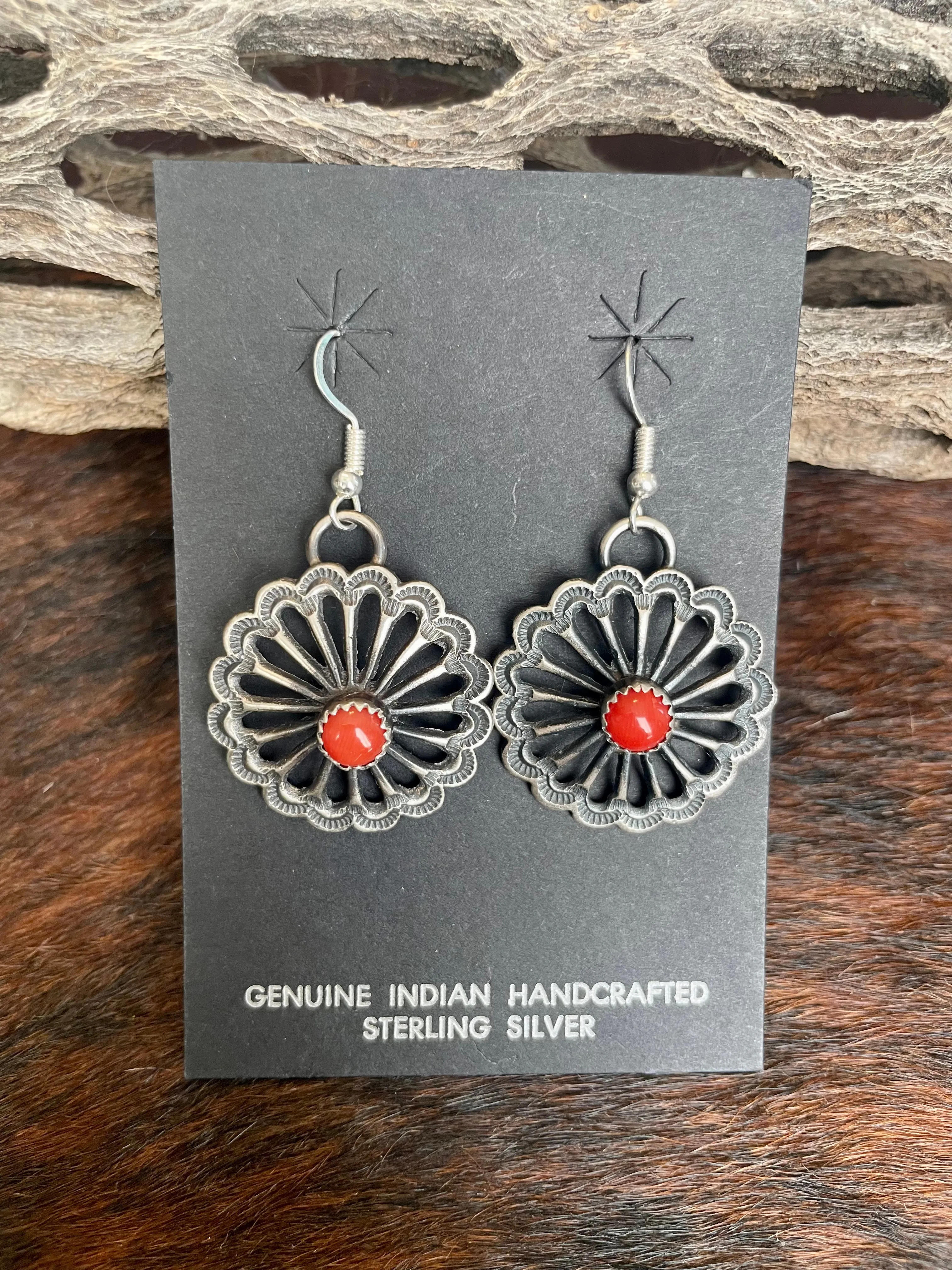 Navajo Red Coral And Sterling Silver Flower Earrings