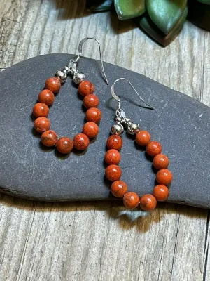 Navajo Sterling Silver Apple Coral 11 Beaded Dangle Earrings