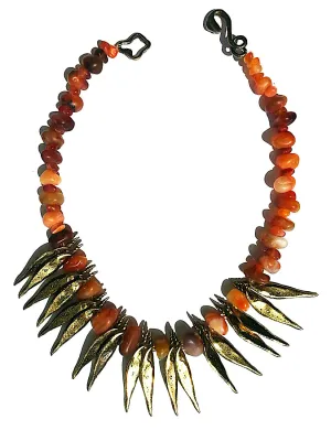 Necklace Carnelian Agate and Bronze Spikes