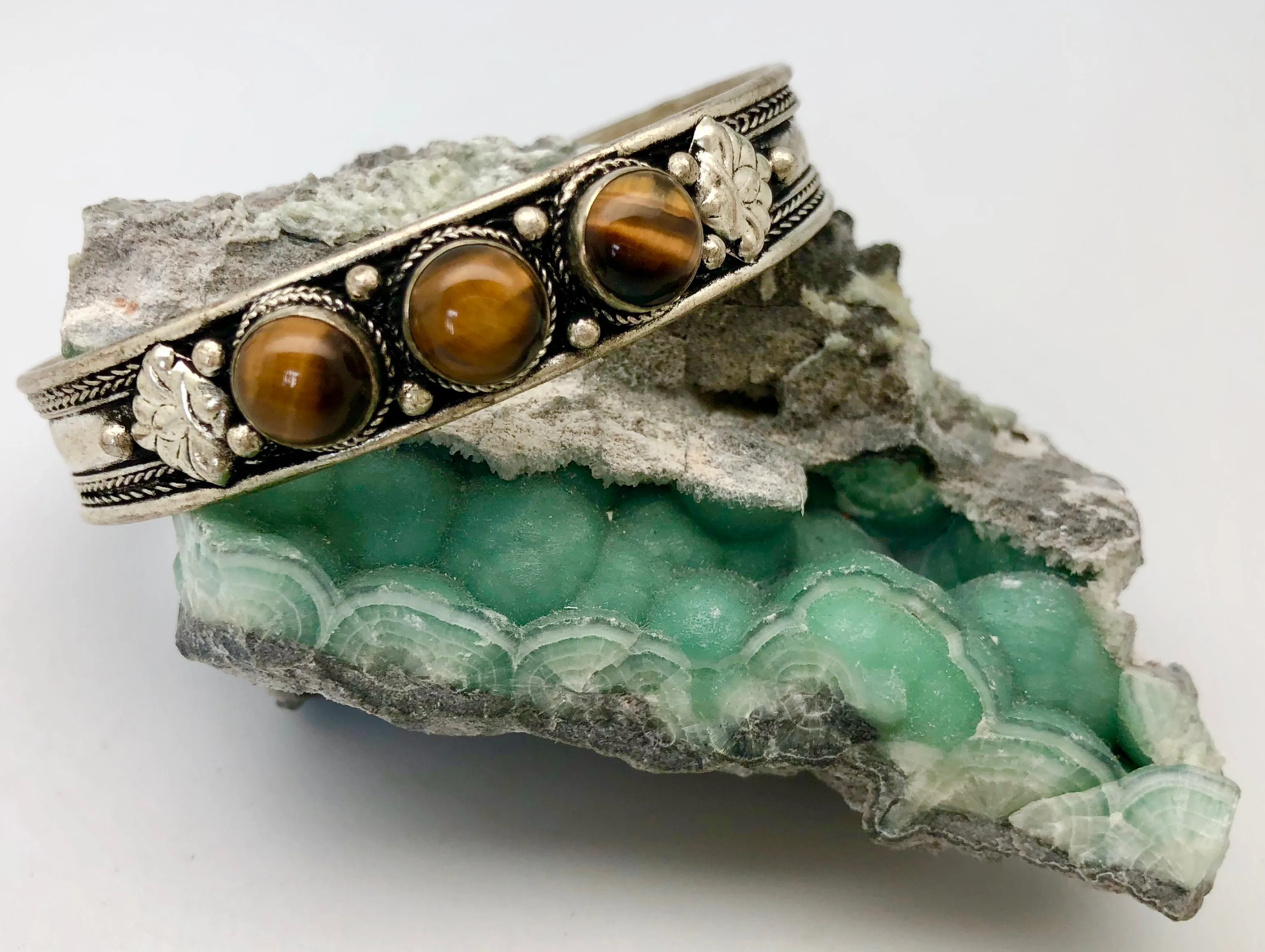 Nepali Silver Cuff Bracelet with Tiger's Eye Cabochon