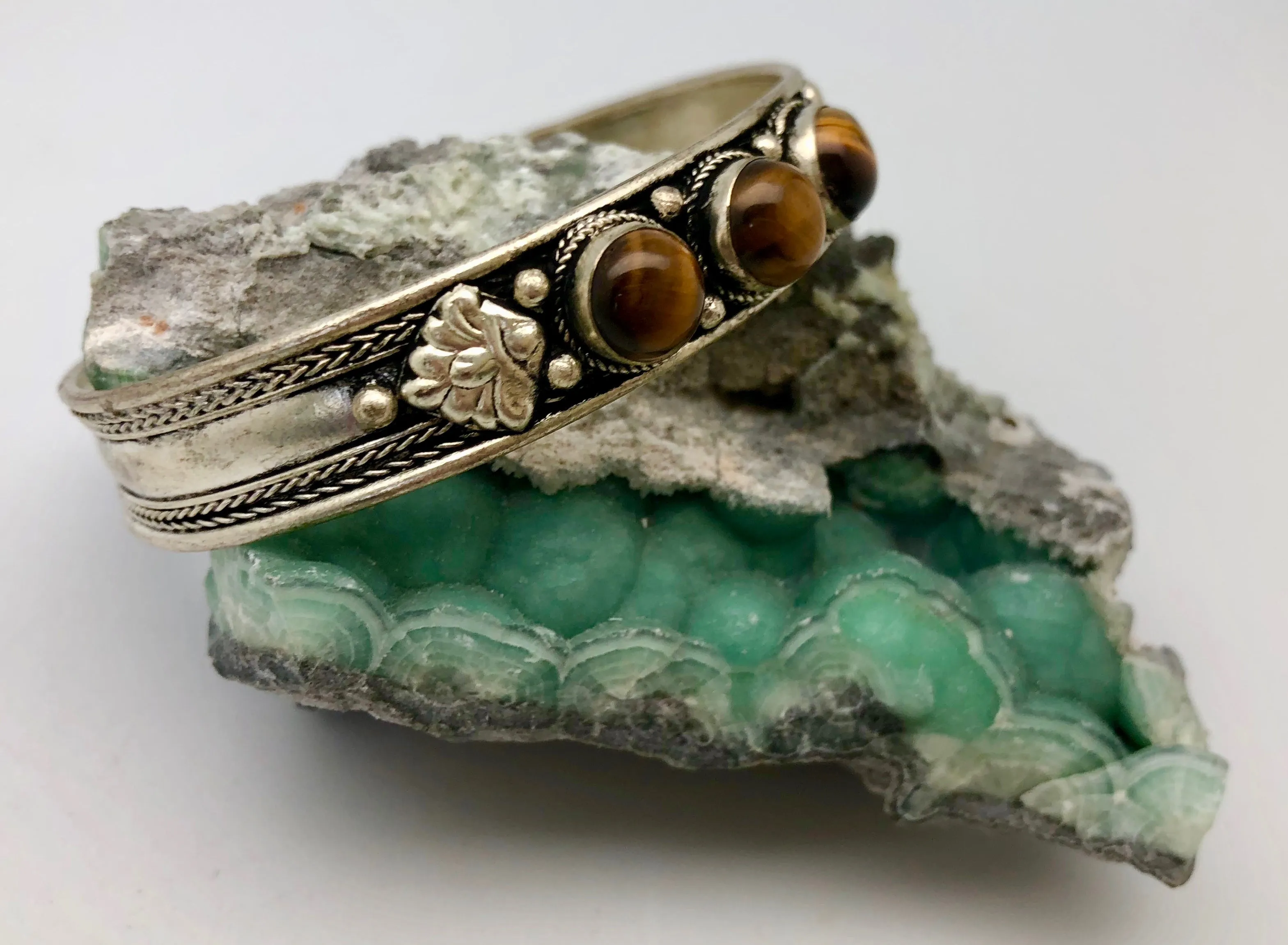 Nepali Silver Cuff Bracelet with Tiger's Eye Cabochon