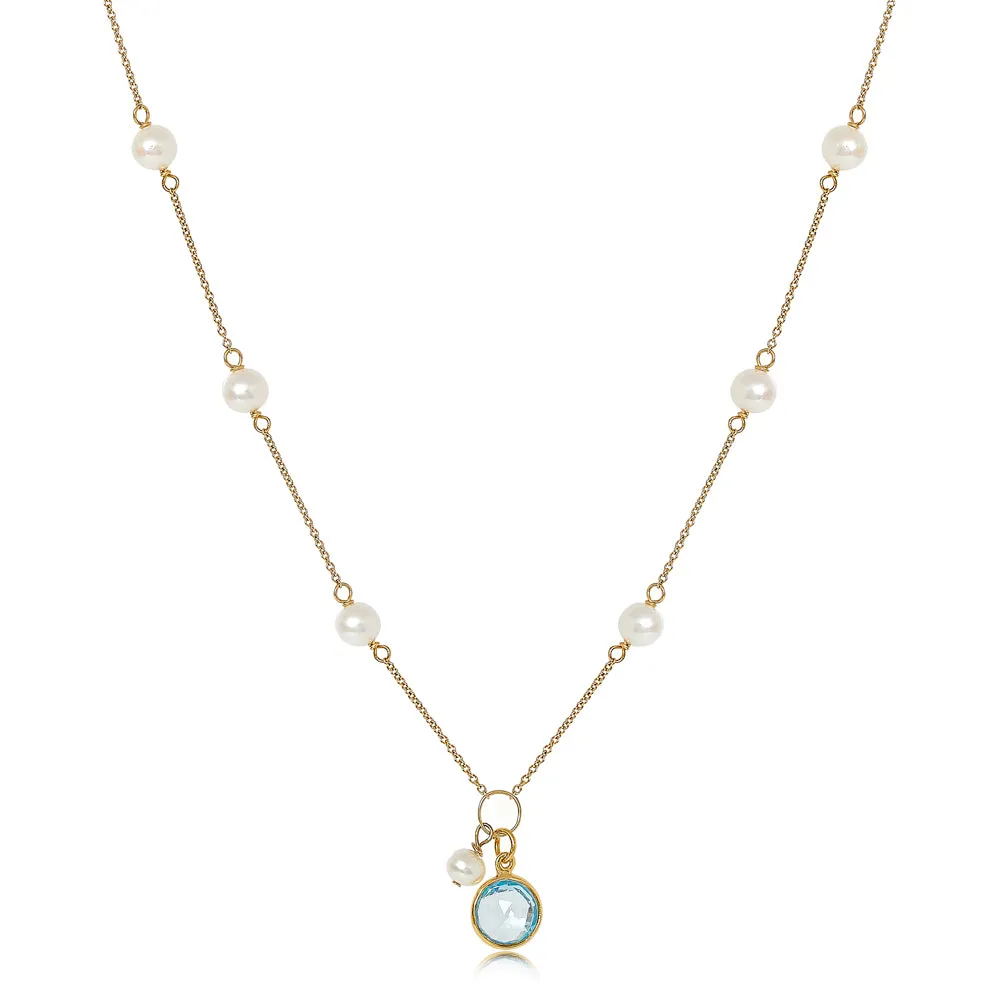 Nova fine chain necklace with cultured freshwater pearls & blue topaz drop