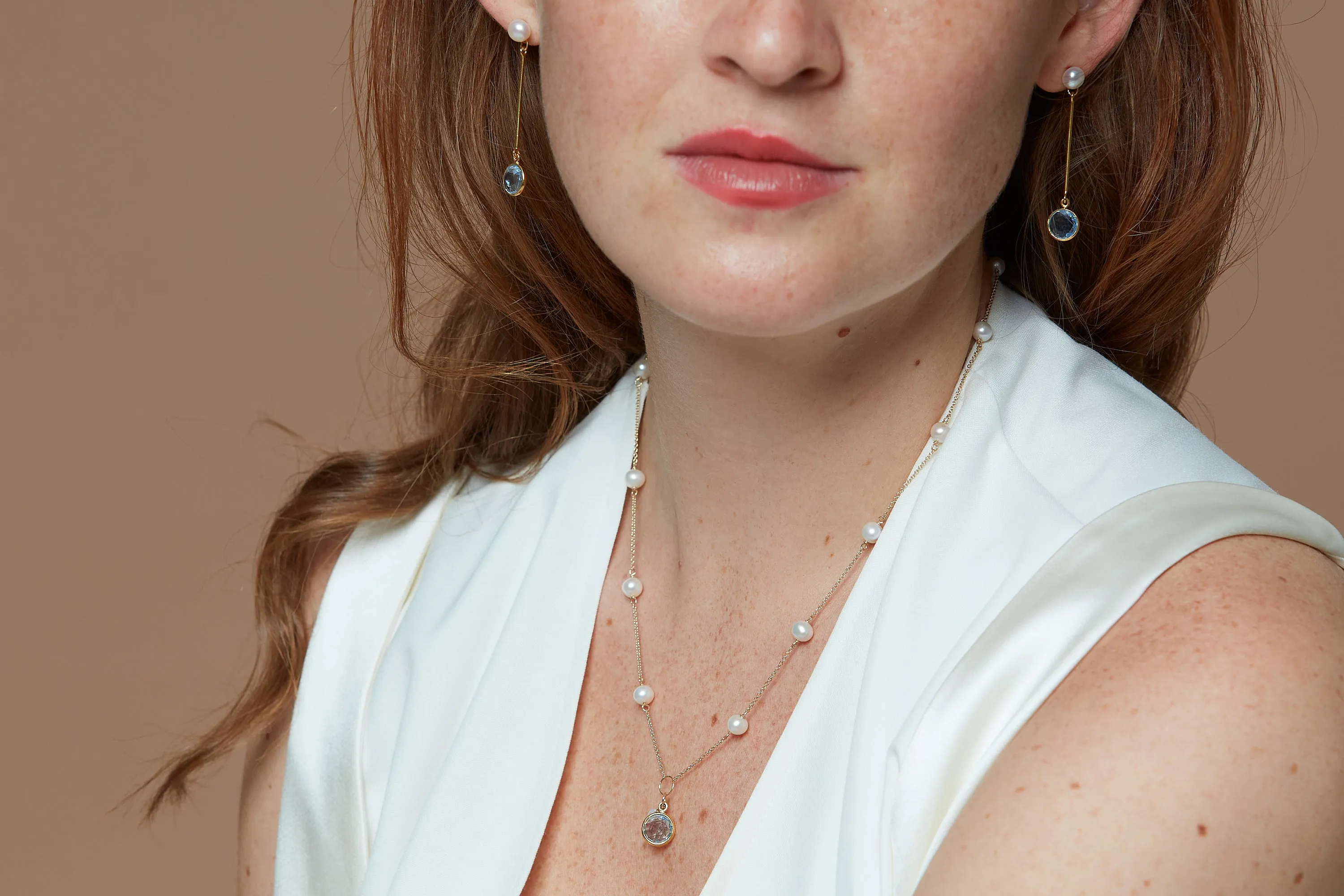 Nova fine chain necklace with cultured freshwater pearls & blue topaz drop