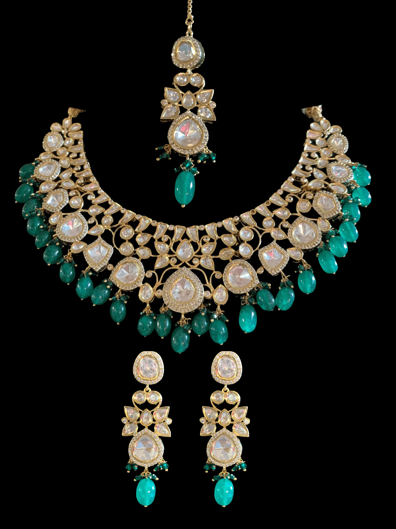 NS16 Tanu polki with emerald  beads necklace set (SHIPS IN 4 WEEKS  )