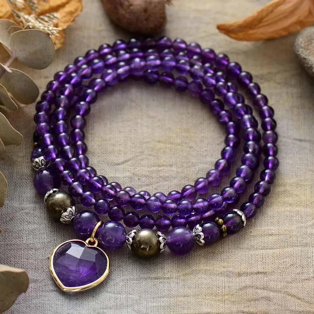 'Nyiwarri' Amethyst Heart Charm Stretchy Bracelet