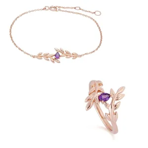 O Leaf Amethyst Armband & Ring Satz in 9ct Rose Gold