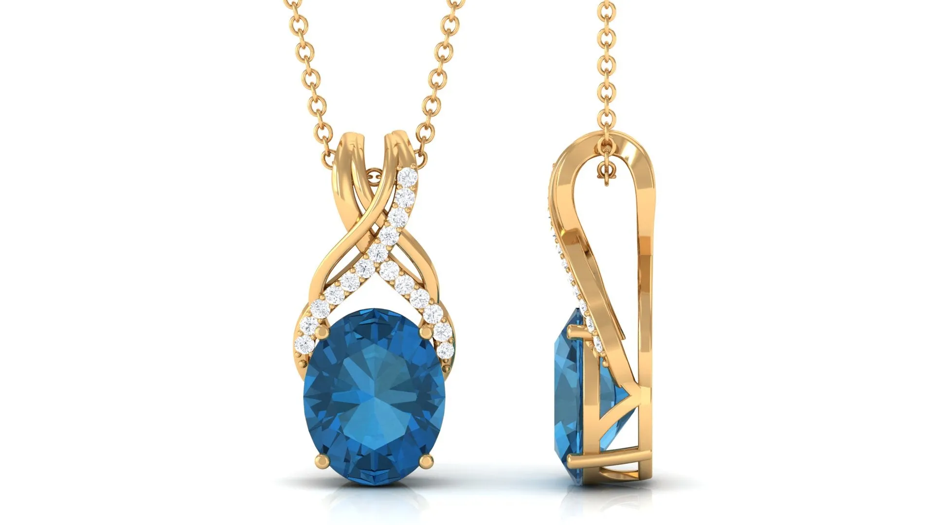 Oval London Blue Topaz Solitaire Pendant with Diamond Twisted Bail