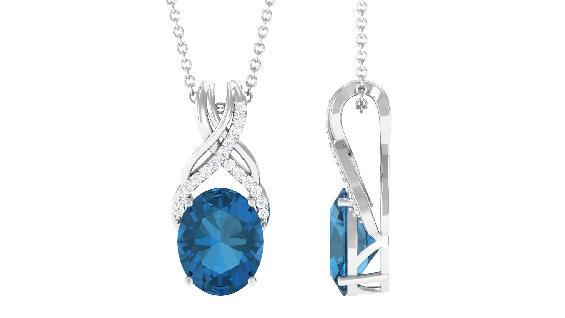 Oval London Blue Topaz Solitaire Pendant with Diamond Twisted Bail