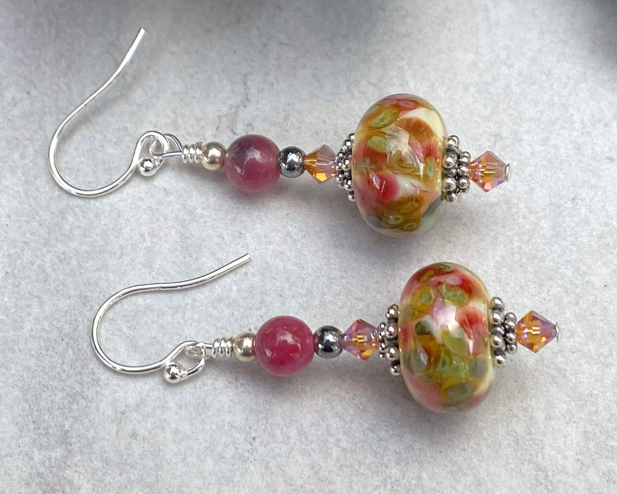 Peach Agate Yellow Lampwork Earrings