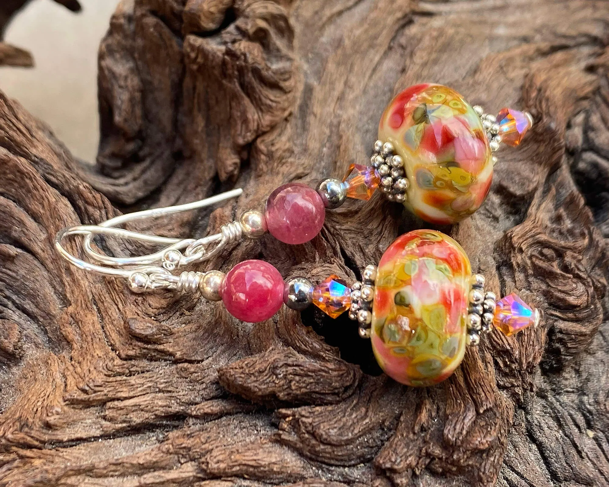 Peach Agate Yellow Lampwork Earrings