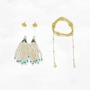 Pearl Lotus Tassels Lariat Necklace and Earrings Set