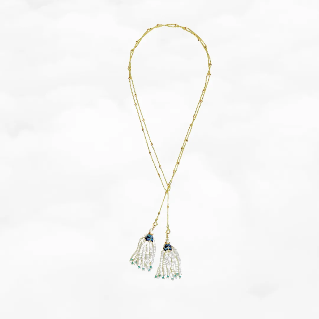 Pearl Lotus Tassels Lariat Necklace and Earrings Set