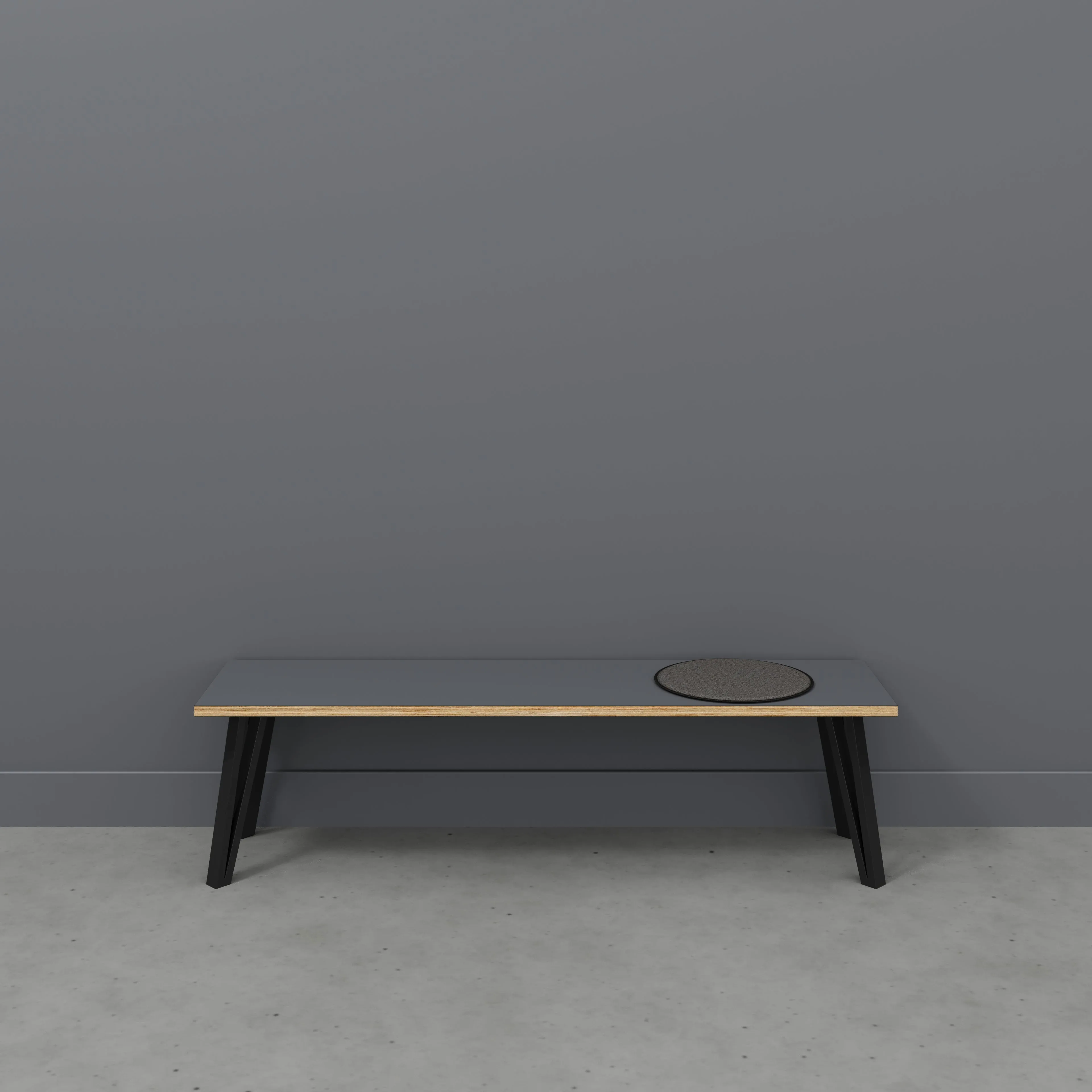 Plywood Bench Seat with Black Box Hairpin Legs - Formica Tornado Grey - 1600(w) x 400(d) x 450(h)