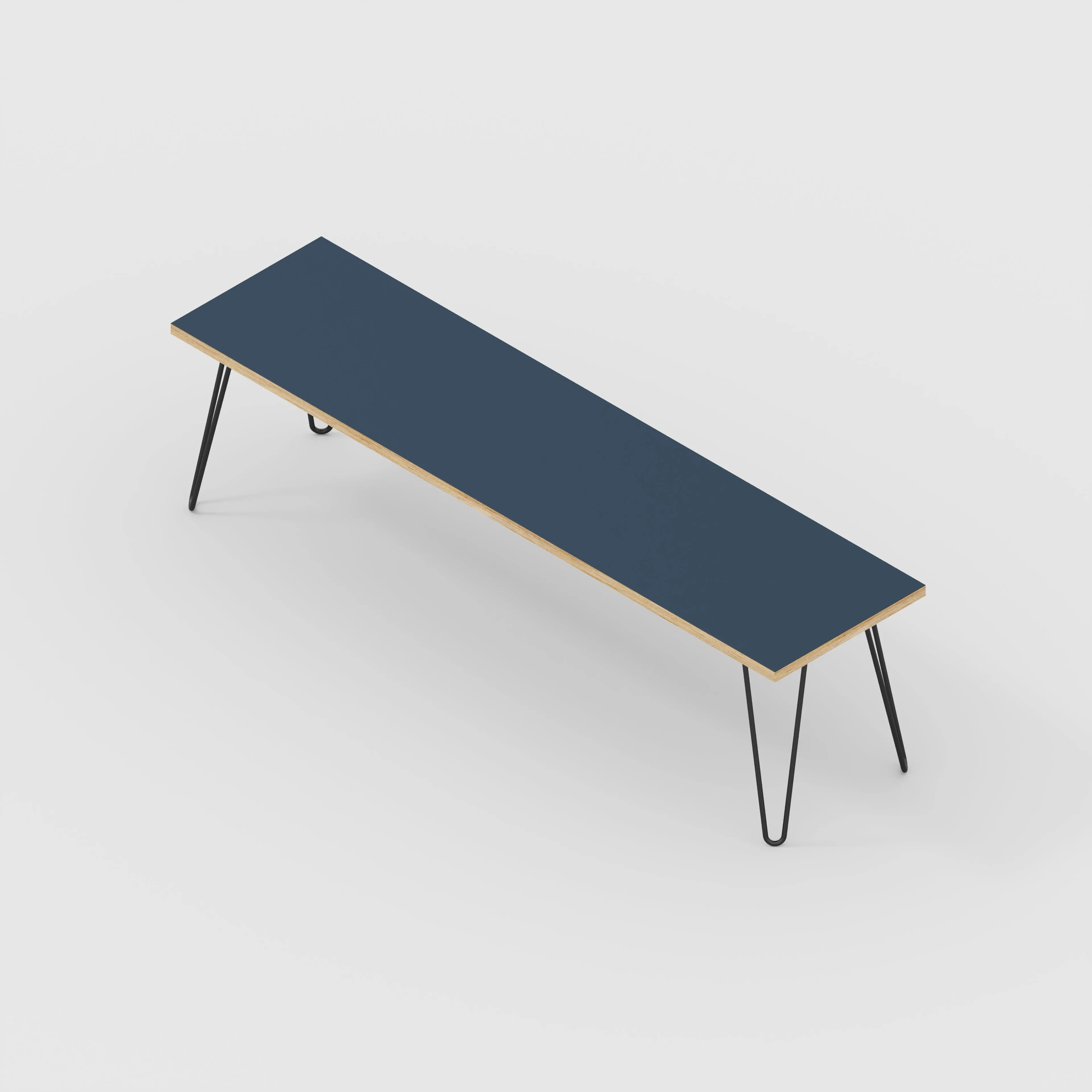 Plywood Bench Seat with Black Hairpin Legs - Formica Night Sea Blue - 1600(w) x 400(d)