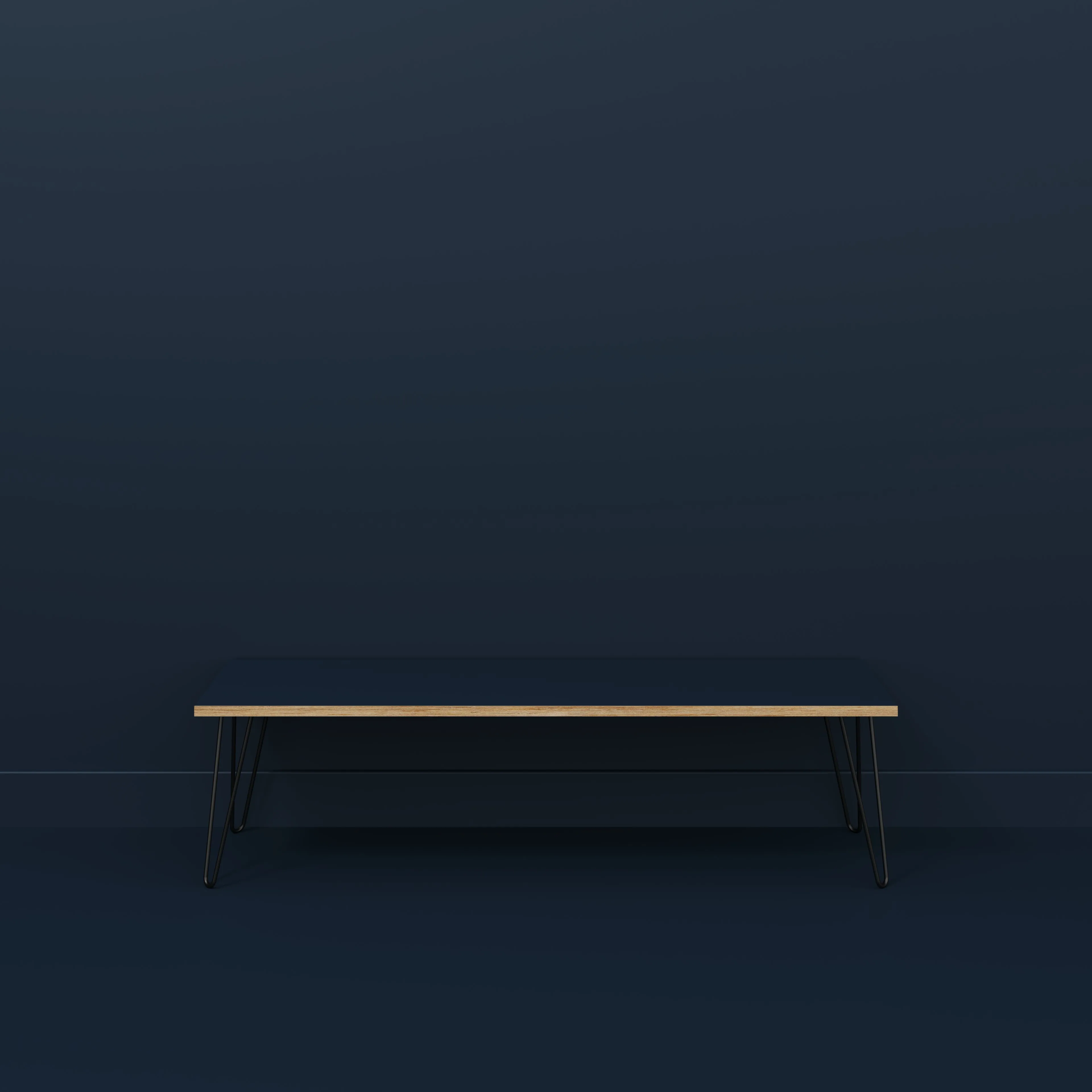 Plywood Bench Seat with Black Hairpin Legs - Formica Night Sea Blue - 1600(w) x 400(d)