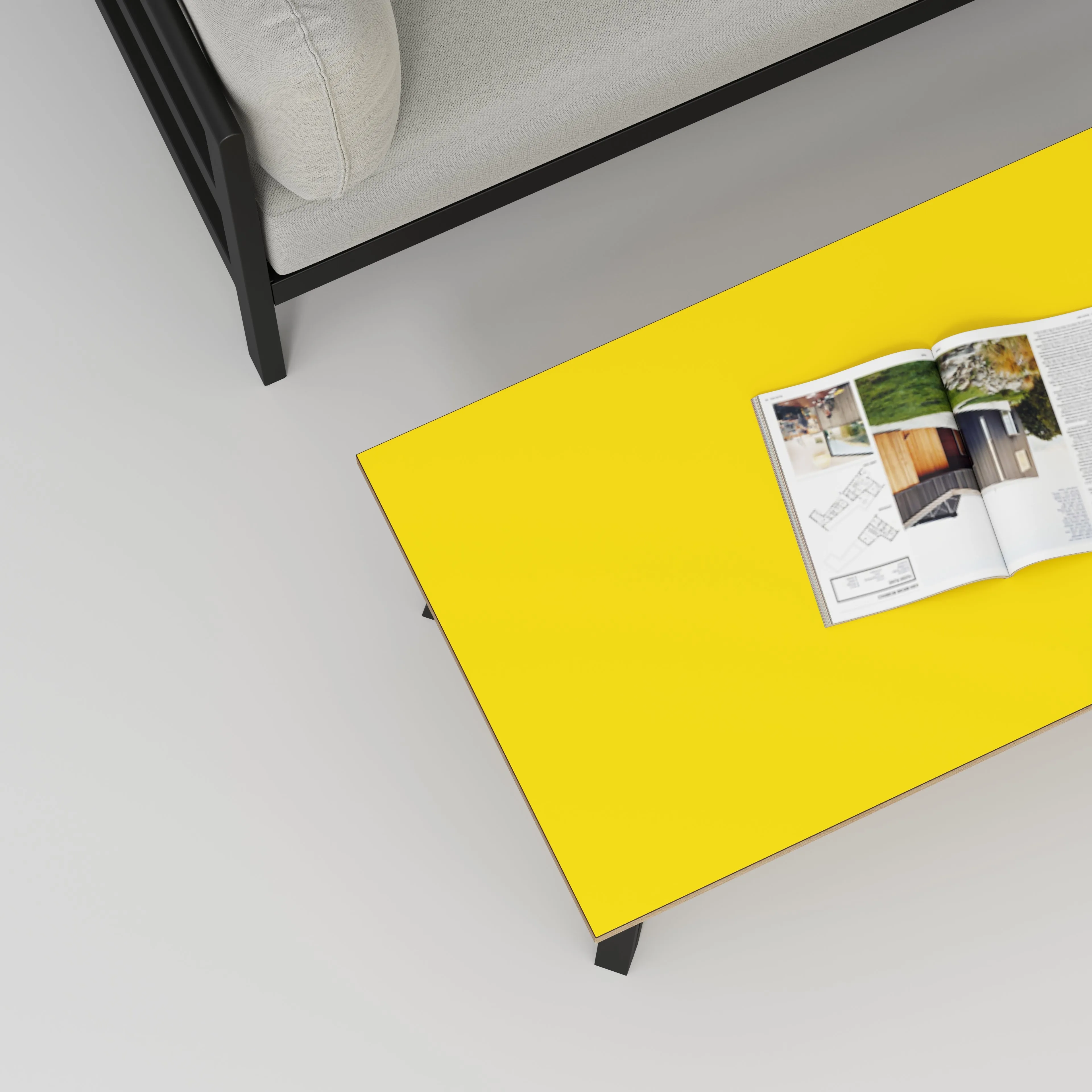 Plywood Coffee Table with Black Box Hairpin Legs - Formica Chrome Yellow - 1200(w) x 600(d) x 425(h)