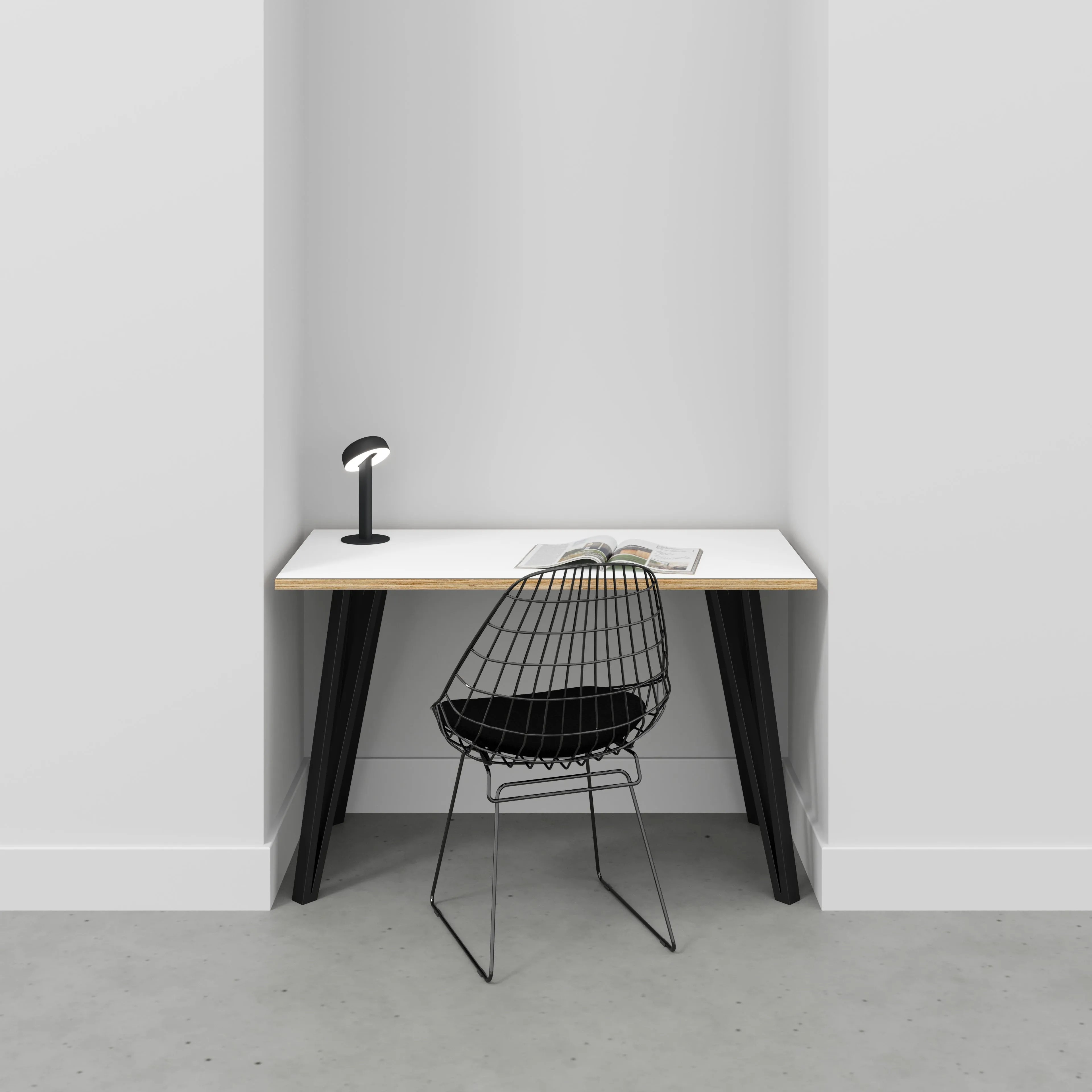 Plywood Desk with Black Box Hairpin Legs - Formica White - 1200(w) x 600(d) x 735(h)