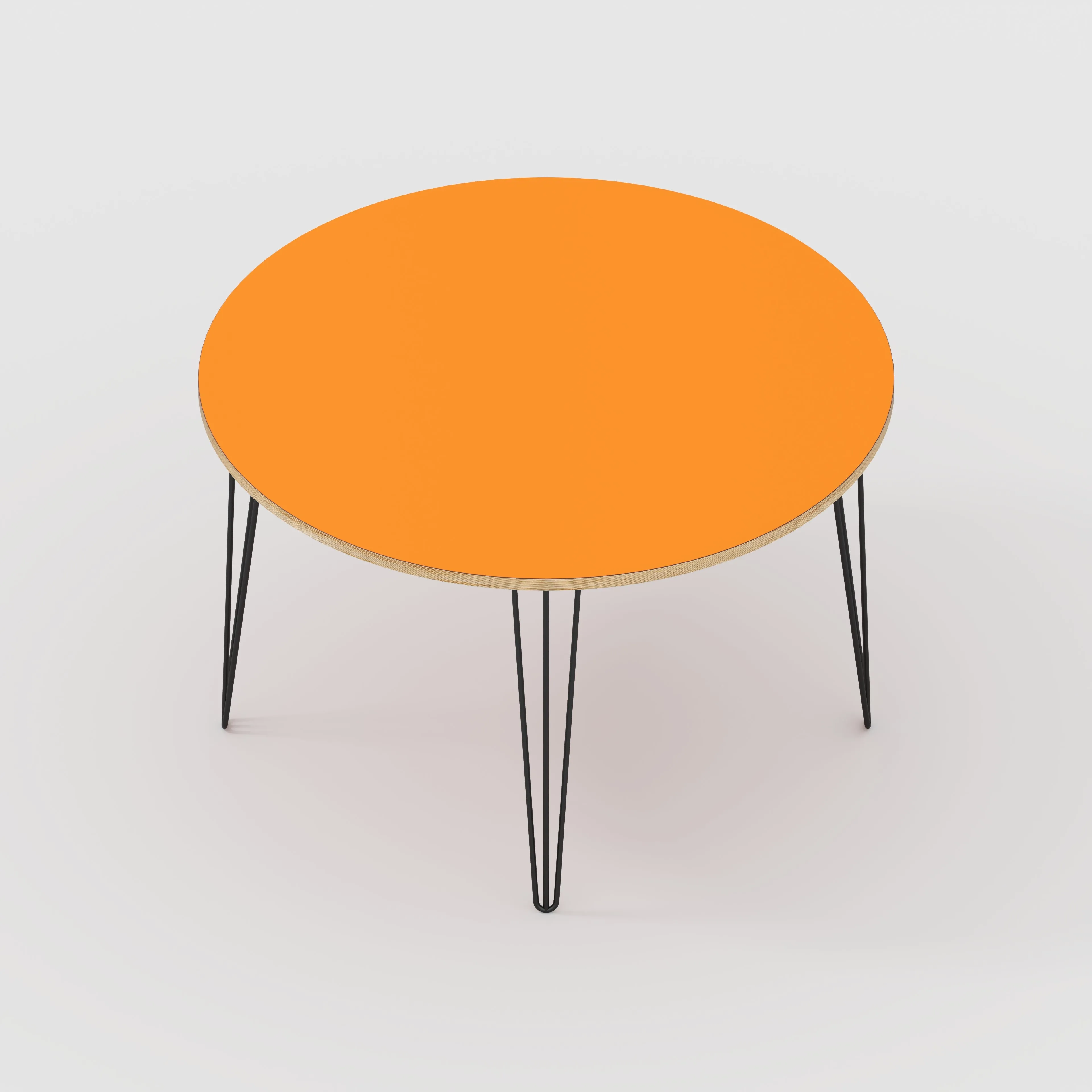 Plywood Round Table with Black Hairpin Legs - Formica Levante Orange - 1200(dia) x 735(h)