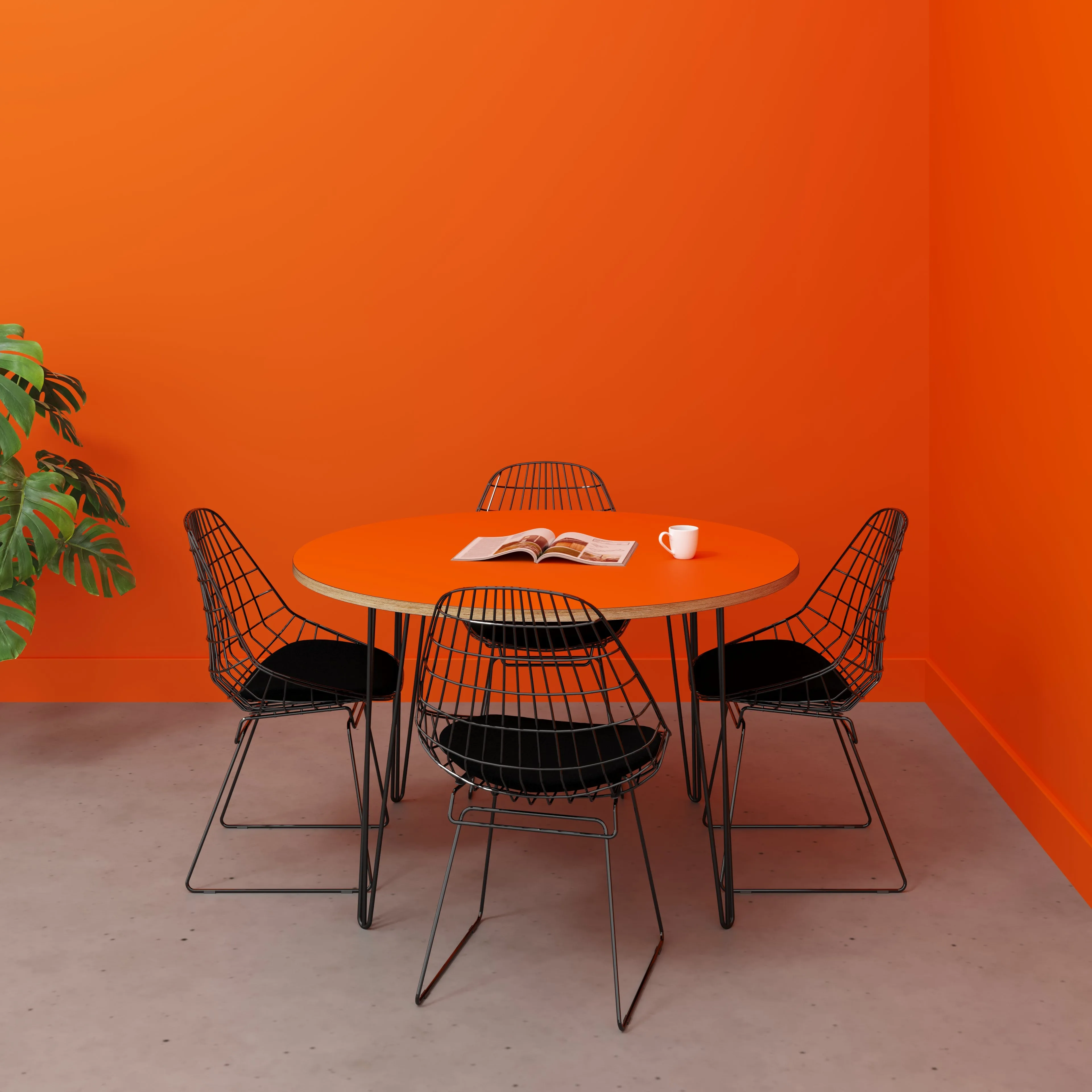 Plywood Round Table with Black Hairpin Legs - Formica Levante Orange - 1200(dia) x 735(h)