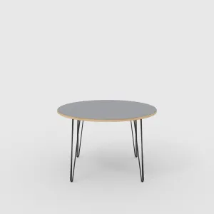 Plywood Round Table with Black Hairpin Legs - Formica Tornado Grey - 1200(dia) x 735(h)