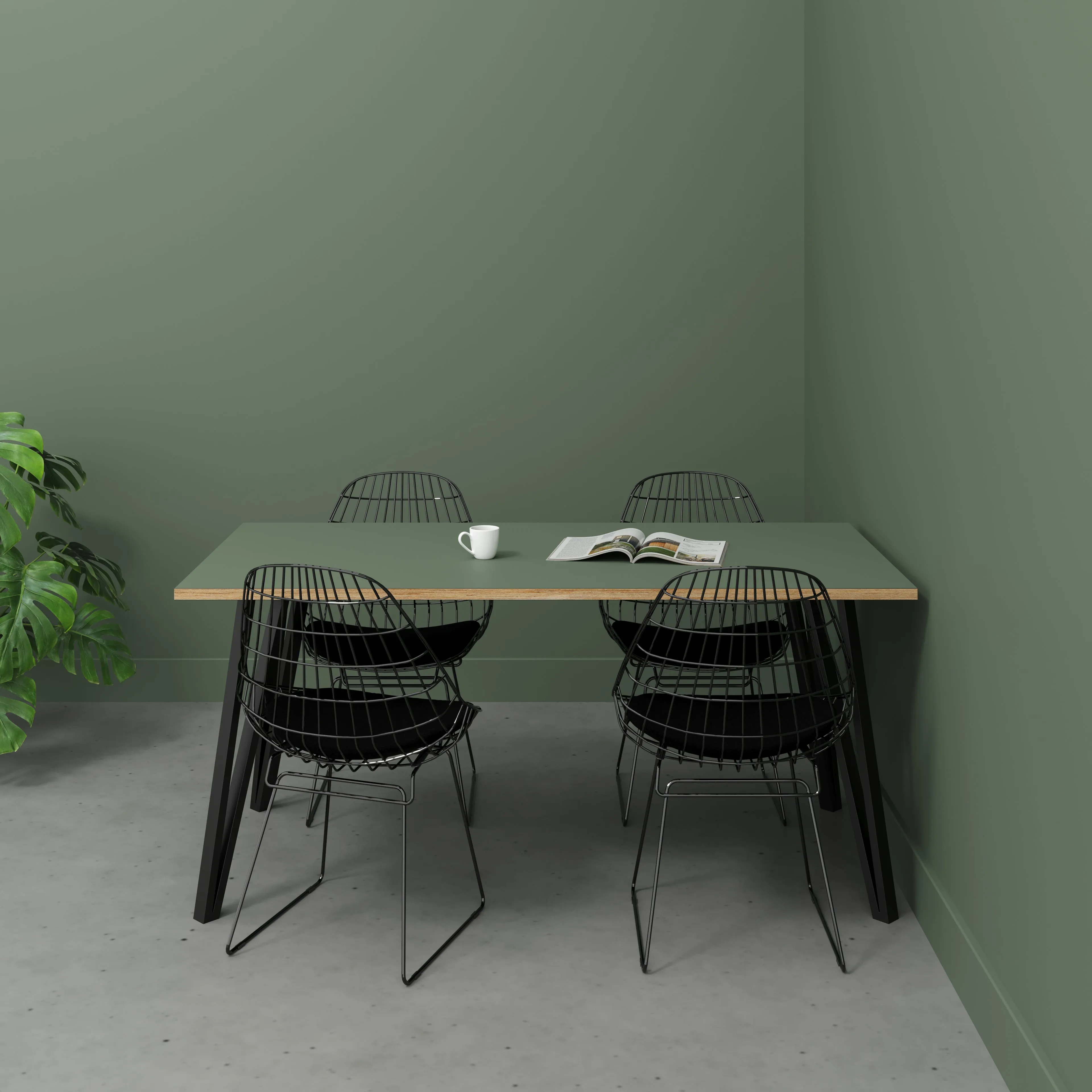 Plywood Table with Black Box Hairpin Legs - Formica Green Slate - 1600(w) x 800(d) x 735(h)