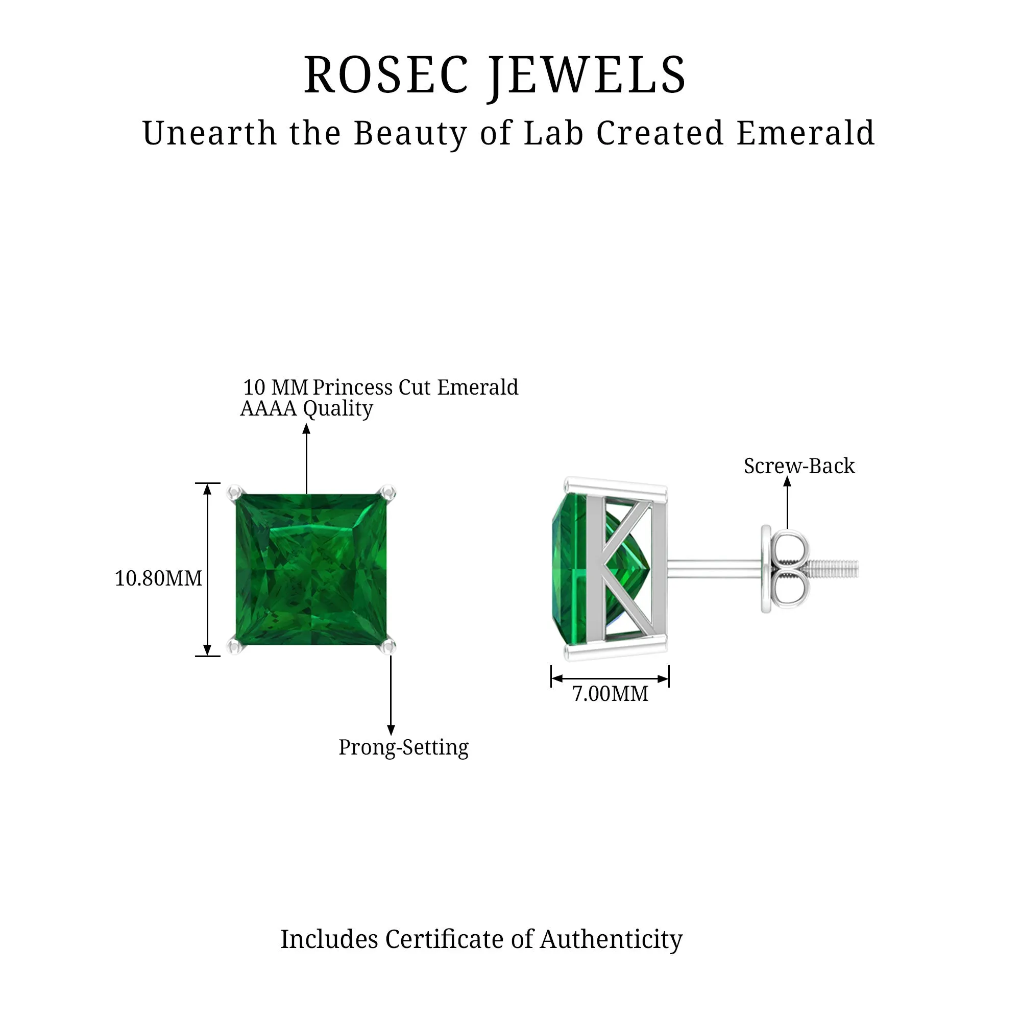 Princess Cut Lab Grown Emerald Solitaire Stud Earrings