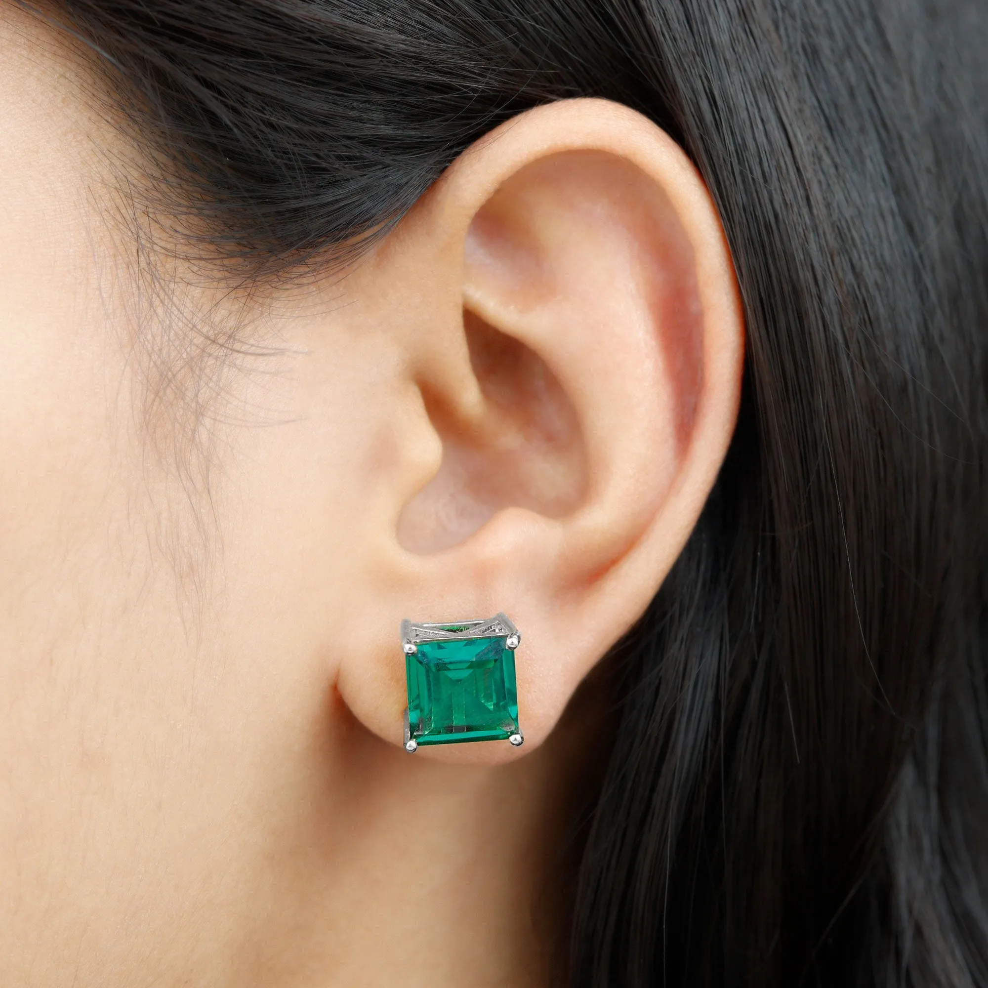 Princess Cut Lab Grown Emerald Solitaire Stud Earrings