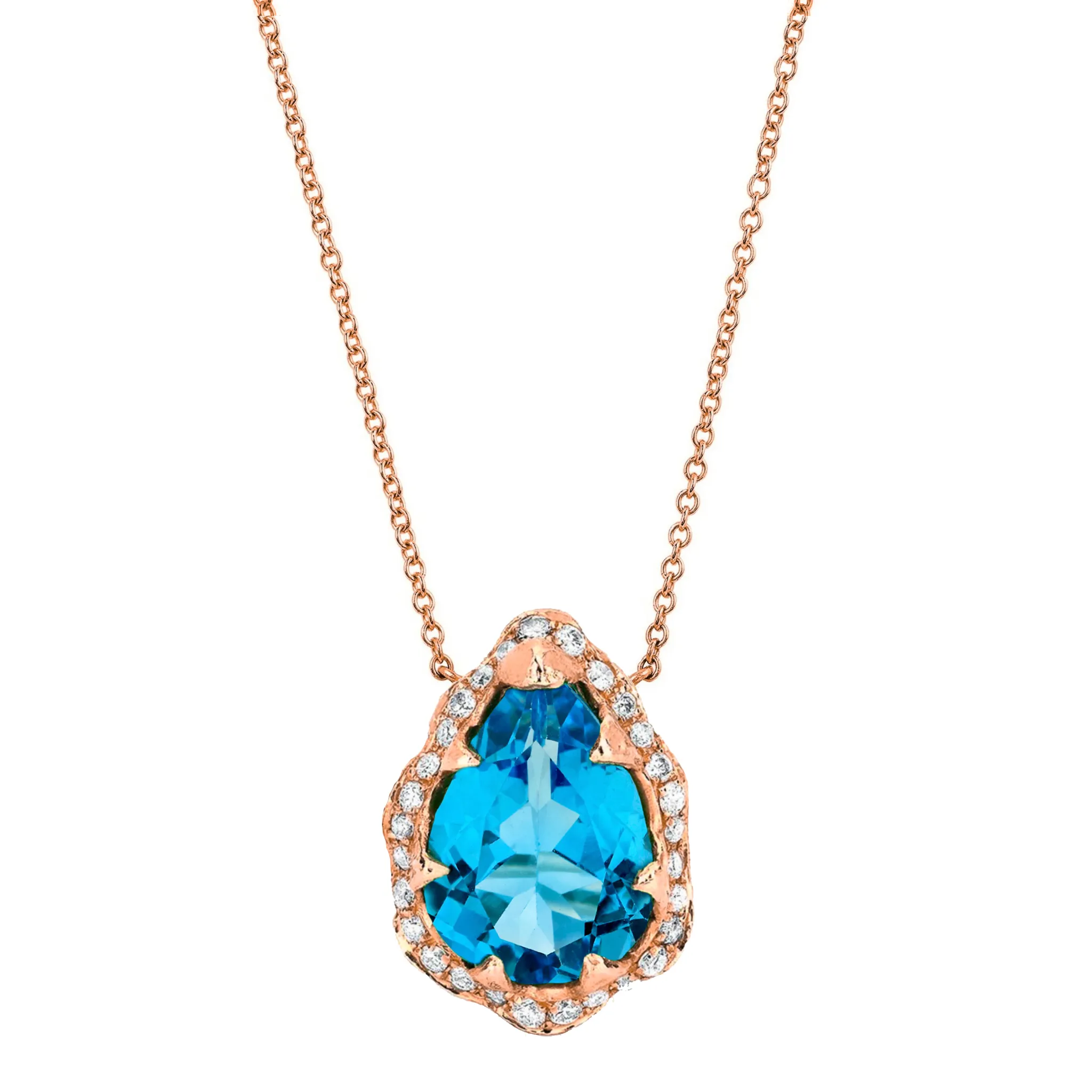 Queen Water Drop Blue Topaz Necklace with Full Pavé Diamond Halo