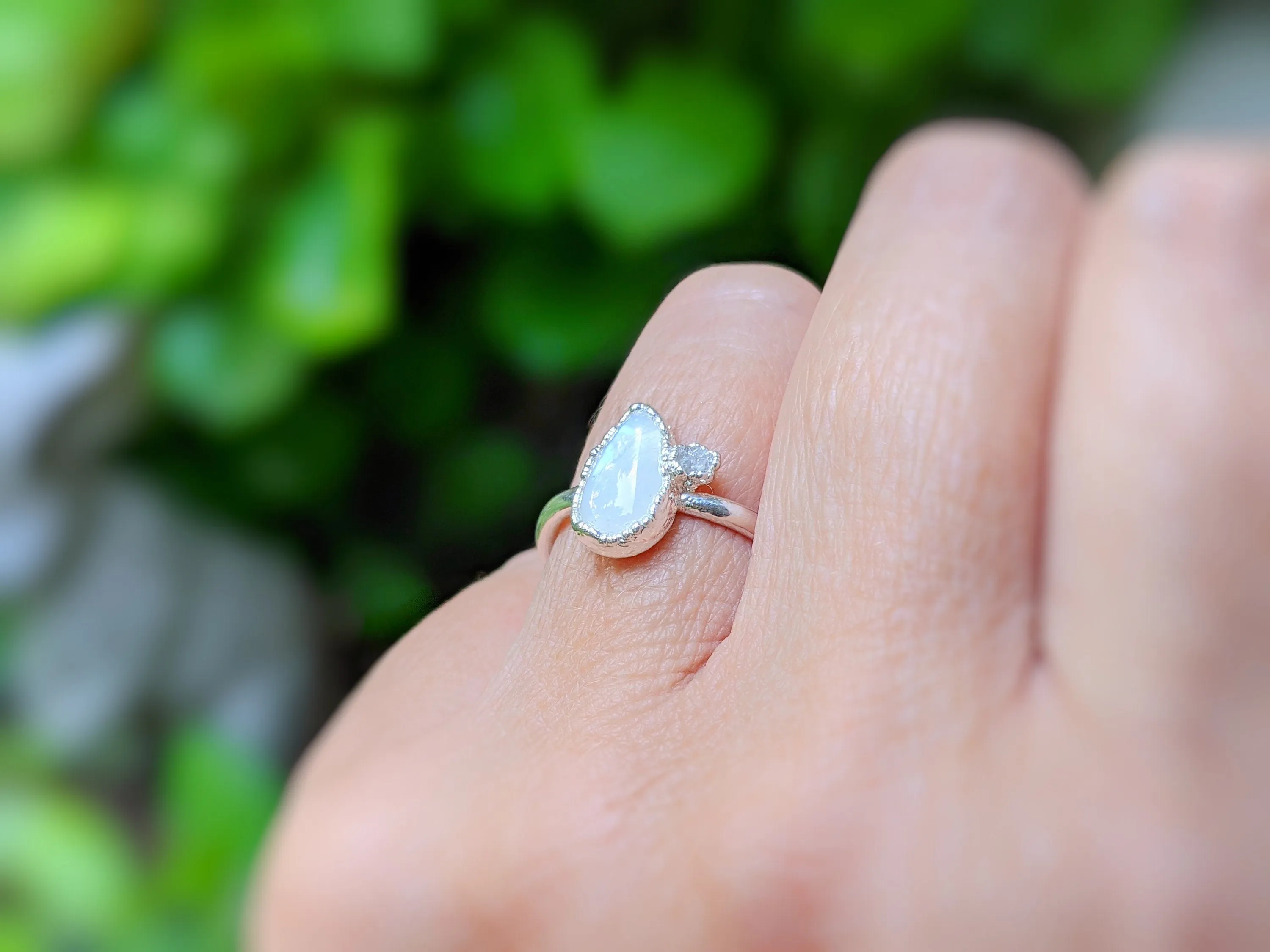 Rainbow Moonstone and raw diamond ring