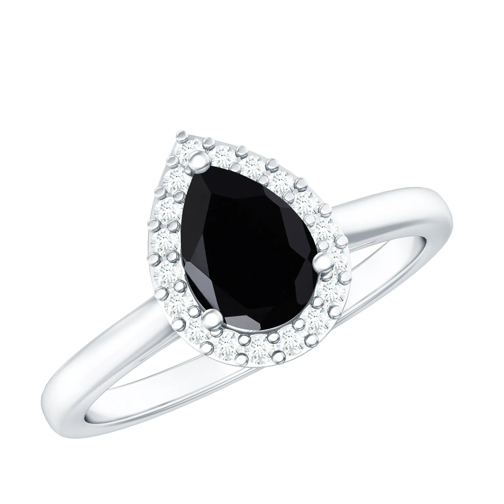 Real Black Spinel Teardrop Engagement Ring With Diamond Halo