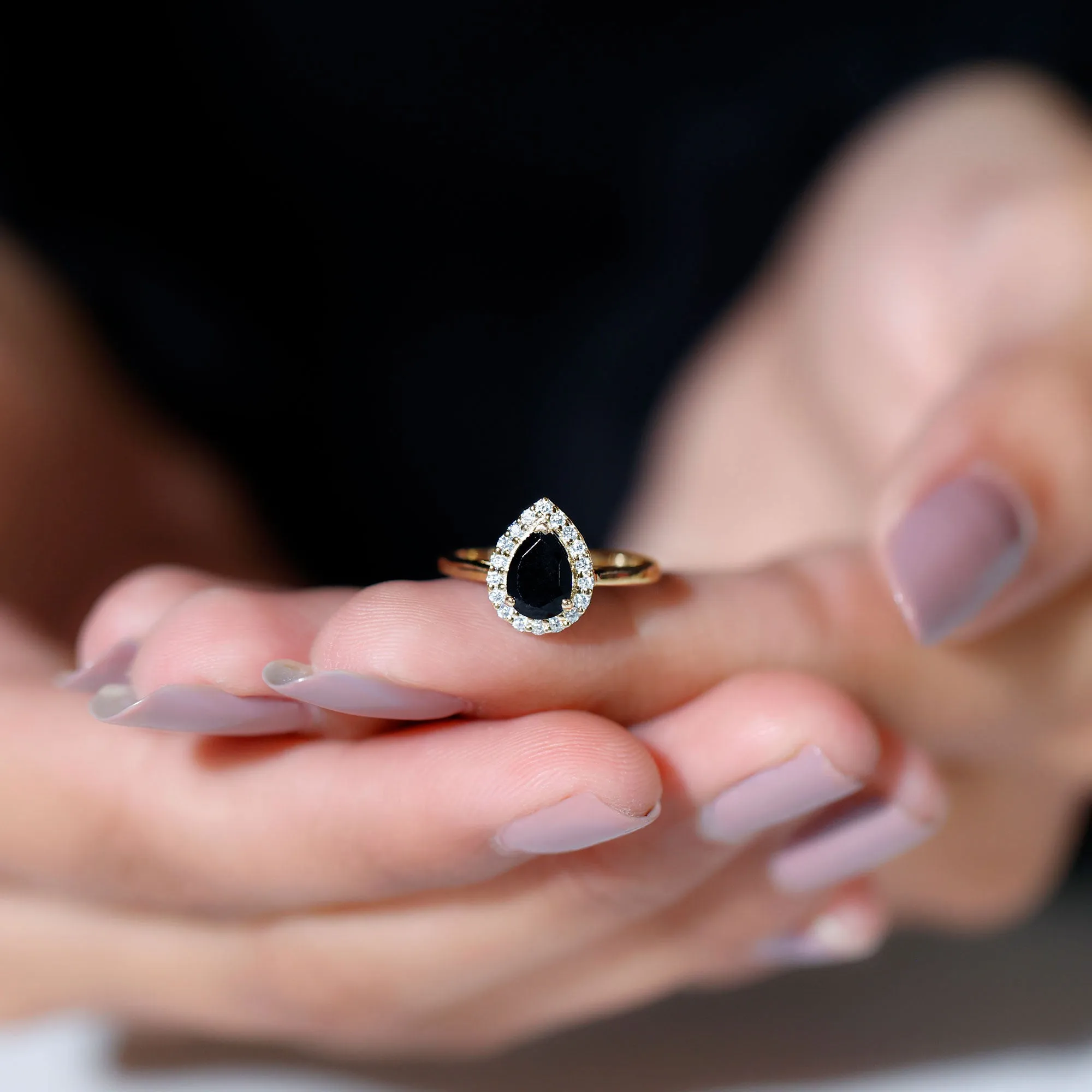 Real Black Spinel Teardrop Engagement Ring With Diamond Halo