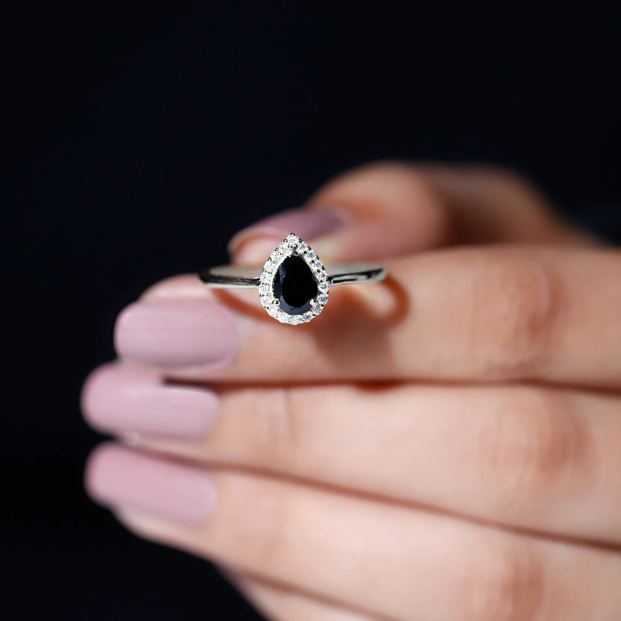 Real Black Spinel Teardrop Engagement Ring With Diamond Halo