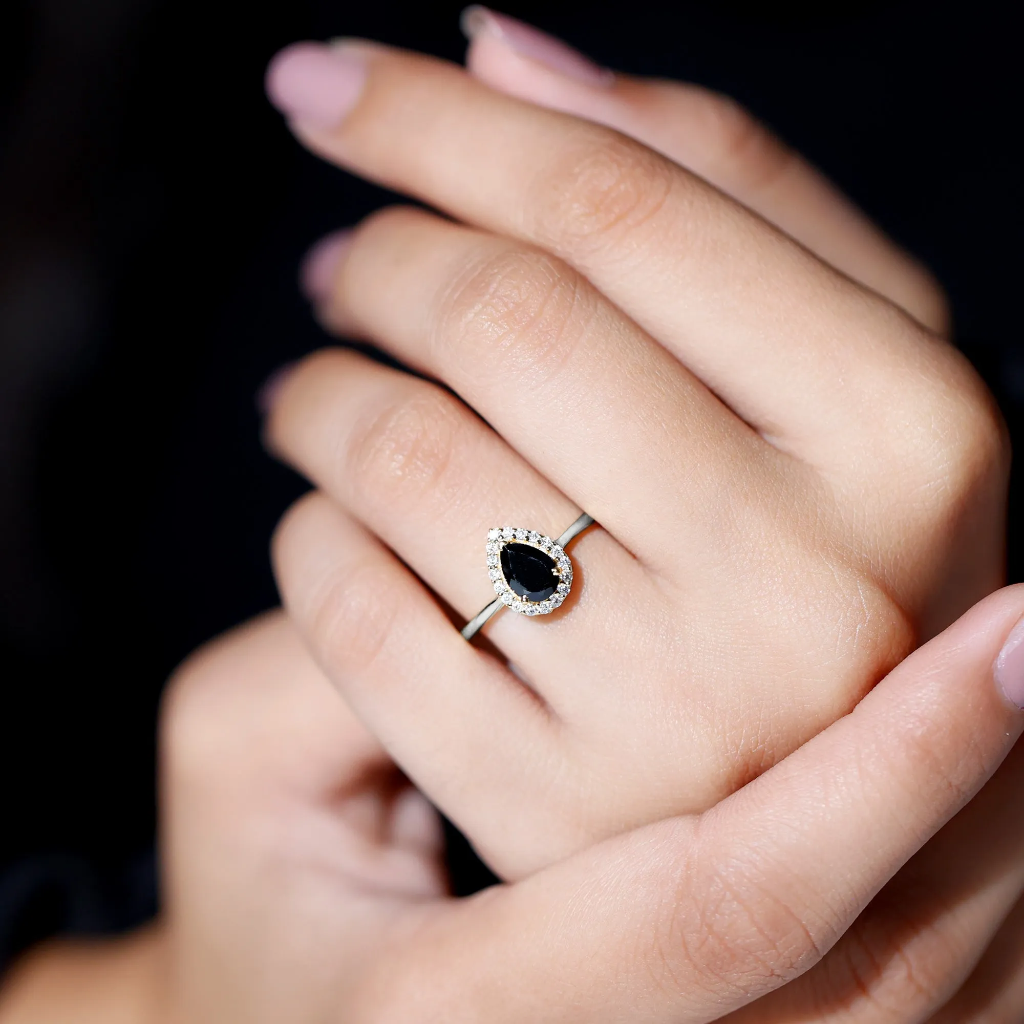 Real Black Spinel Teardrop Engagement Ring With Diamond Halo