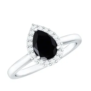 Real Black Spinel Teardrop Engagement Ring With Diamond Halo