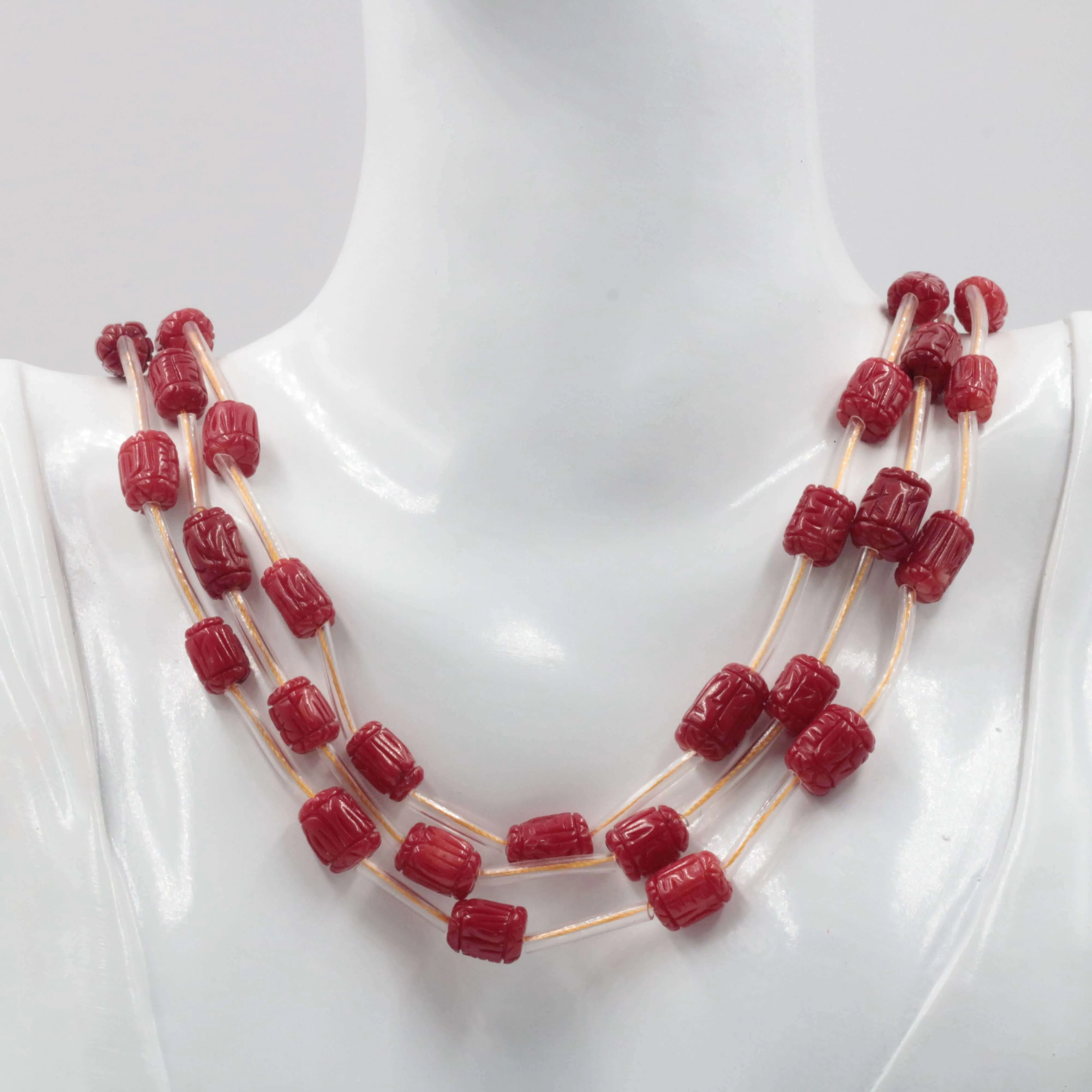 Red Coral Barrel Shape Carved Necklace Italian Coral beads Red Coral Beads Antique Coral Natural Coral Bead Necklace 16" SKU 6142727