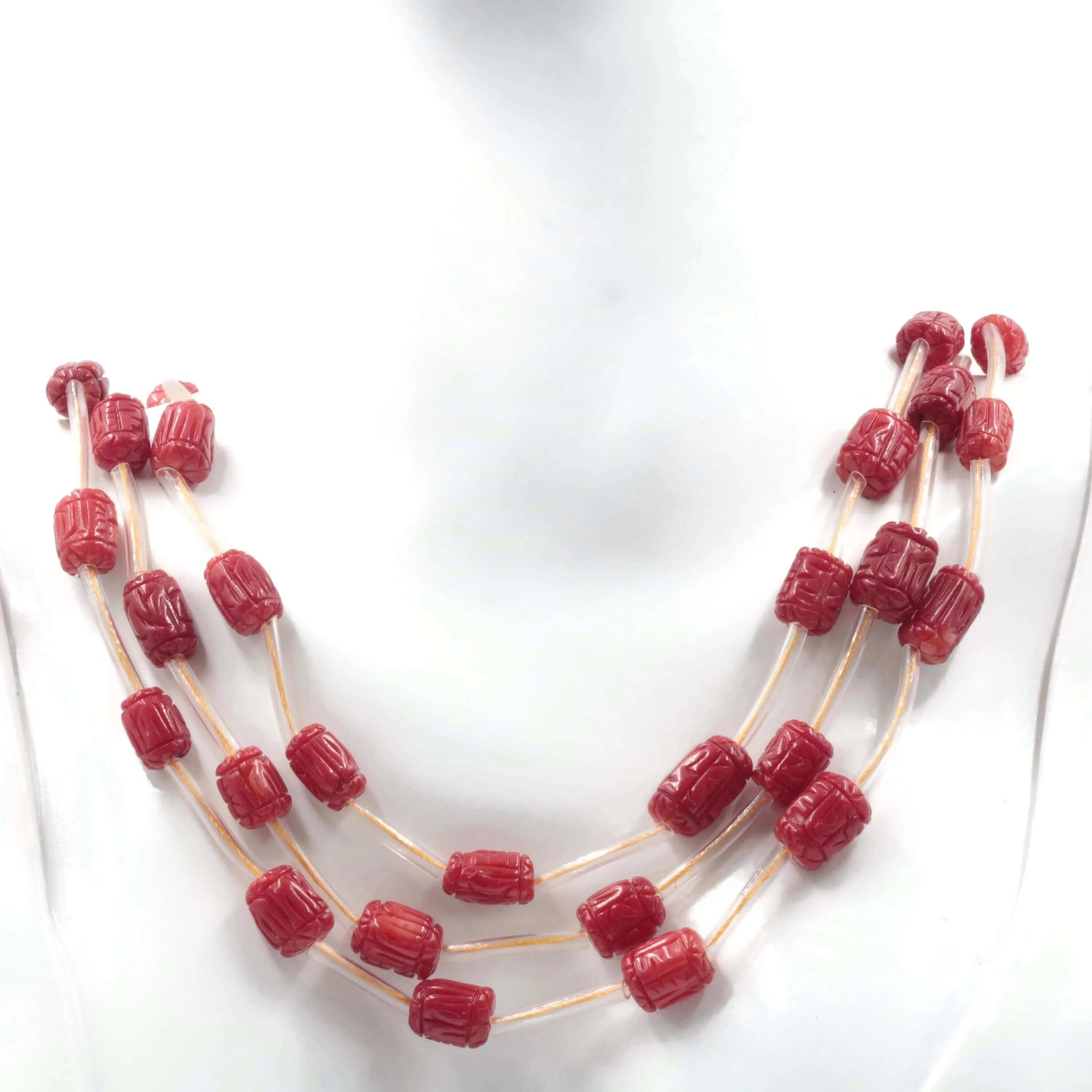 Red Coral Barrel Shape Carved Necklace Italian Coral beads Red Coral Beads Antique Coral Natural Coral Bead Necklace 16" SKU 6142727